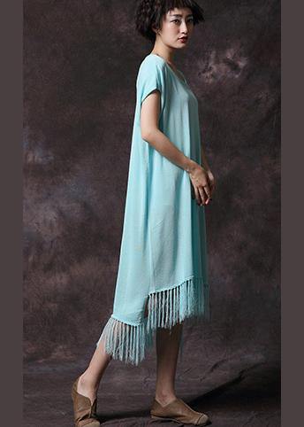 Organic Tassel Cotton Clothes Work Light Blue Dress Summer