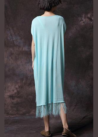 Organic Tassel Cotton Clothes Work Light Blue Dress Summer