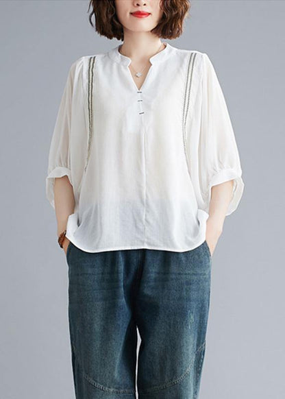 Organic V Neck Batwing Sleeve Summer Pattern Sewing White Blouse