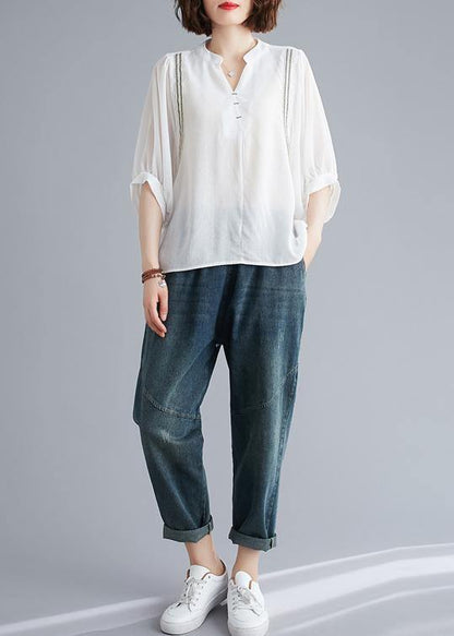 Organic V Neck Batwing Sleeve Summer Pattern Sewing White Blouse