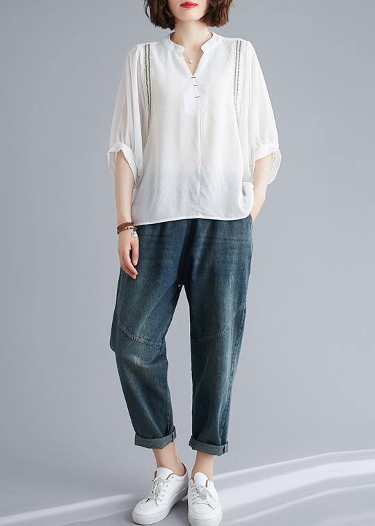 Organic V Neck Batwing Sleeve Summer Pattern Sewing White Blouse