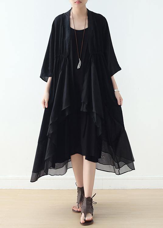 Organic V Neck Asymmetric Cotton Tunics Sewing Black a Line Dress
