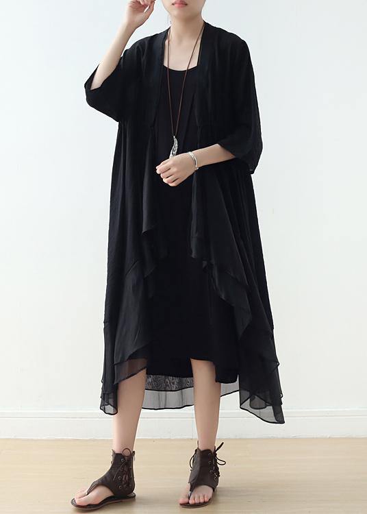Organic V Neck Asymmetric Cotton Tunics Sewing Black a Line Dress