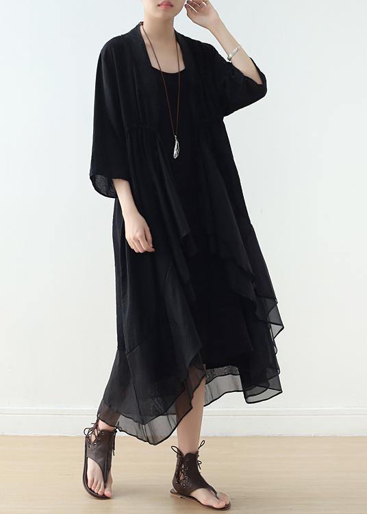 Organic V Neck Asymmetric Cotton Tunics Sewing Black a Line Dress