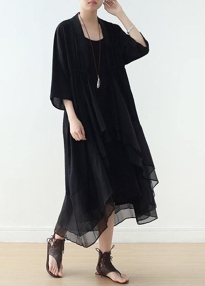 Organic V Neck Asymmetric Cotton Tunics Sewing Black a Line Dress