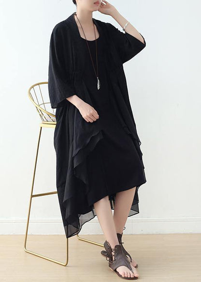 Organic V Neck Asymmetric Cotton Tunics Sewing Black a Line Dress
