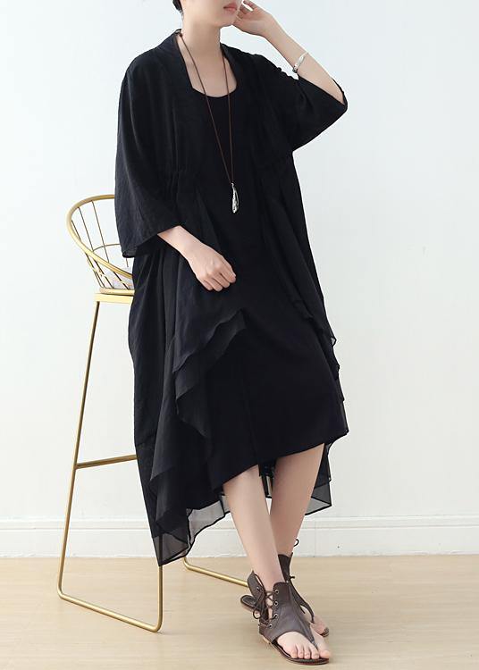 Organic V Neck Asymmetric Cotton Tunics Sewing Black a Line Dress