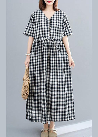 Organic V Neck Drawstring Cotton Clothes for Tutorials Black Large Plaid Dress