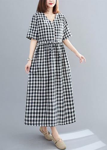 Organic V Neck Drawstring Cotton Clothes for Tutorials Black Large Plaid Dress