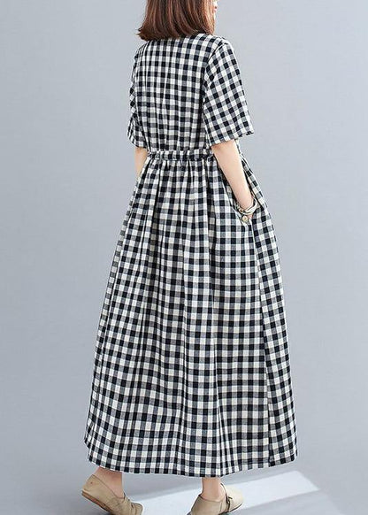 Organic V Neck Drawstring Cotton Clothes for Tutorials Black Large Plaid Dress