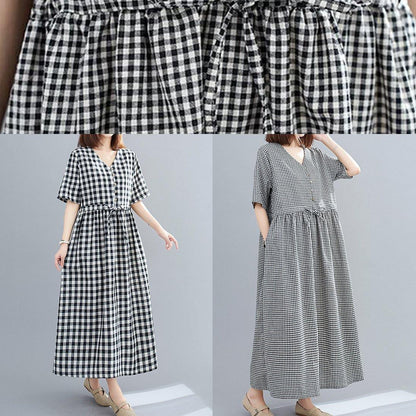 Organic V Neck Drawstring Cotton Clothes for Tutorials Black Large Plaid Dress