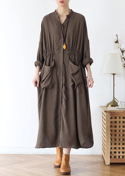 Organic V Neck Elastic Waist Cotton Long Shirts Neckline Chocolate Long Dress
