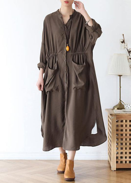 Organic V Neck Elastic Waist Cotton Long Shirts Neckline Chocolate Long Dress