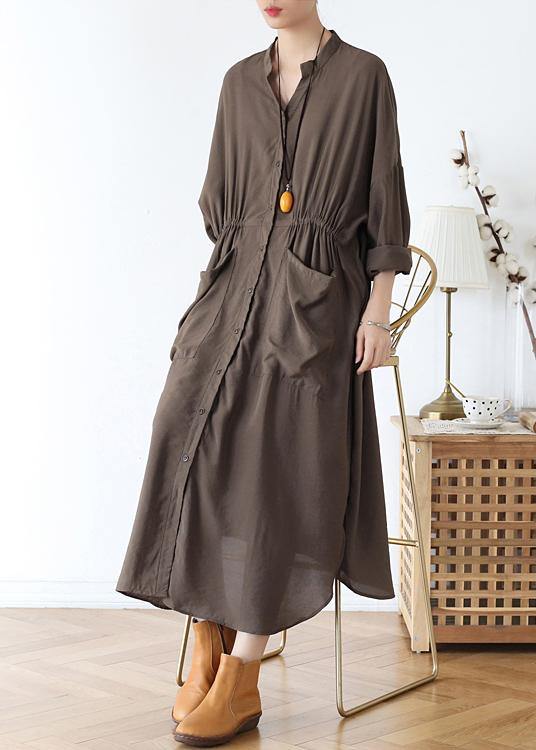 Organic V Neck Elastic Waist Cotton Long Shirts Neckline Chocolate Long Dress