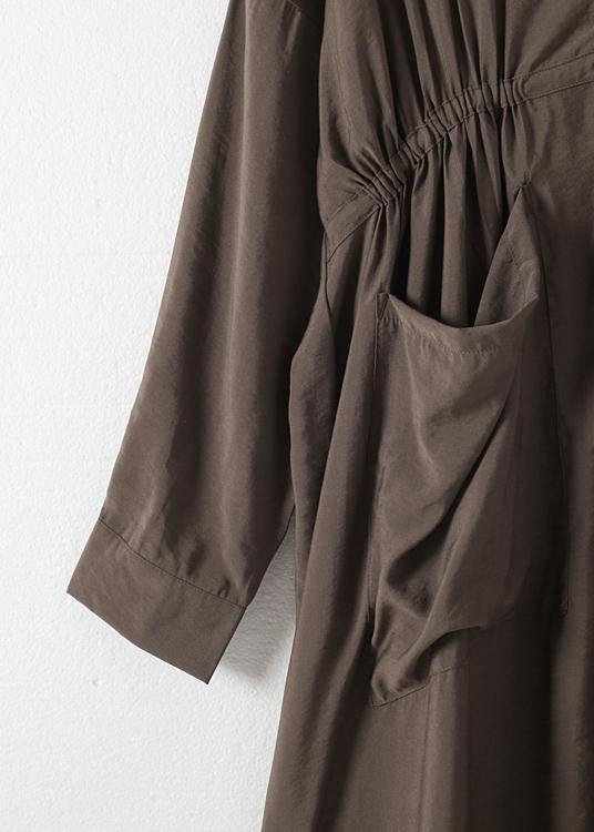 Organic V Neck Elastic Waist Cotton Long Shirts Neckline Chocolate Long Dress