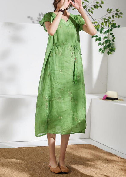 Organic V Neck Embroidery Linen Summer Robes Work Green Dresses