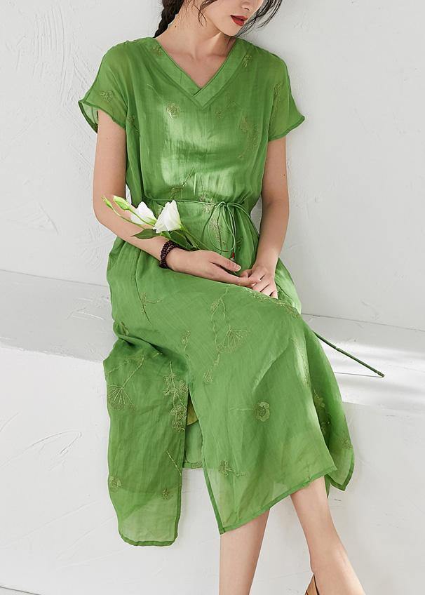 Organic V Neck Embroidery Linen Summer Robes Work Green Dresses