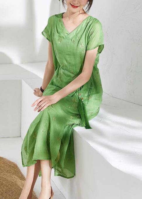 Organic V Neck Embroidery Linen Summer Robes Work Green Dresses