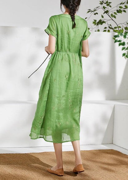 Organic V Neck Embroidery Linen Summer Robes Work Green Dresses