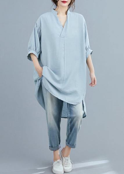 Organic V Neck Lantern Sleeve Summer Blouses for Sleeve Light Blue Shirt