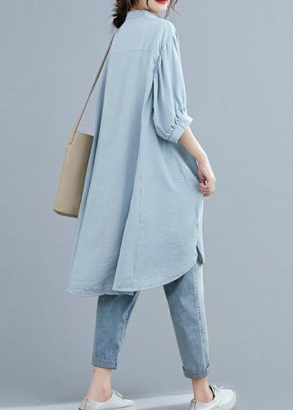 Organic V Neck Lantern Sleeve Summer Blouses for Sleeve Light Blue Shirt