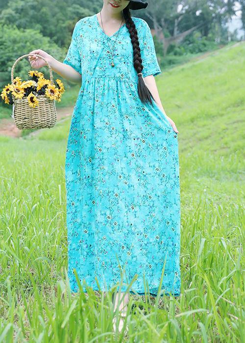 Organic V Neck Linen Dress Sleeve Light Blue Prints Dress Summer