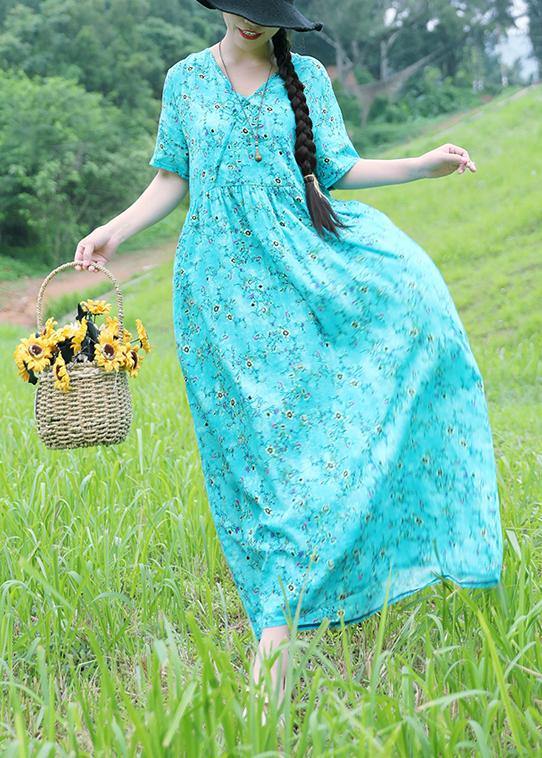 Organic V Neck Linen Dress Sleeve Light Blue Prints Dress Summer