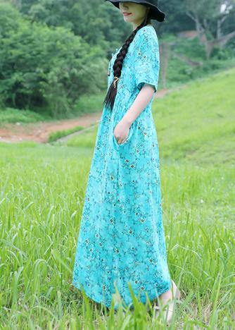 Organic V Neck Linen Dress Sleeve Light Blue Prints Dress Summer