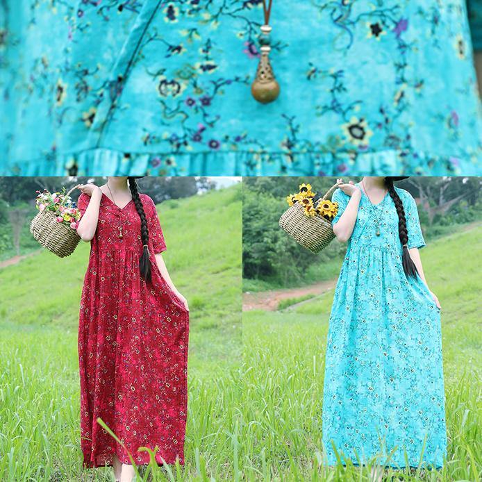 Organic V Neck Linen Dress Sleeve Light Blue Prints Dress Summer