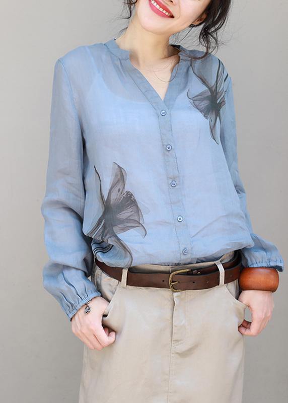 Organic V Neck Linen Tops Blouses Sleeve Blue Print Top