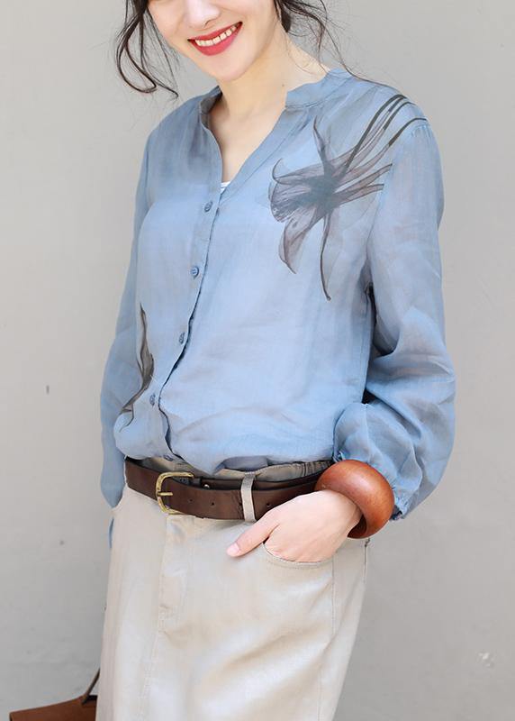 Organic v neck linen tops women blouses Sleeve blue print top