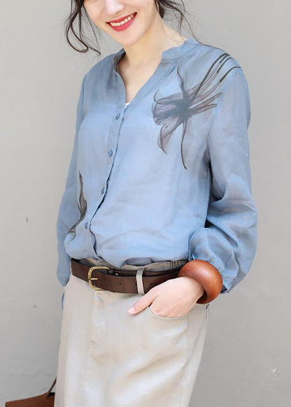 Organic v neck linen tops women blouses Sleeve blue print top