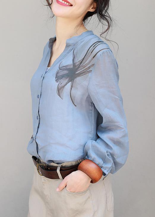 Organic V Neck Linen Tops Blouses Sleeve Blue Print Top