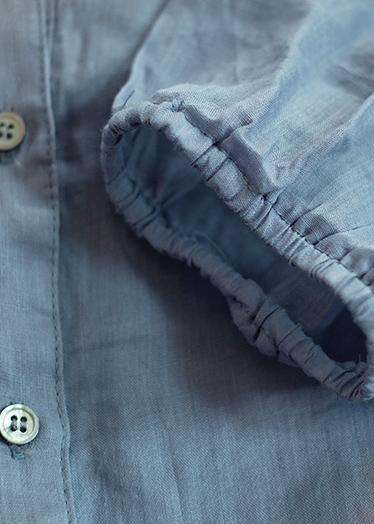 Organic V Neck Linen Tops Blouses Sleeve Blue Print Top