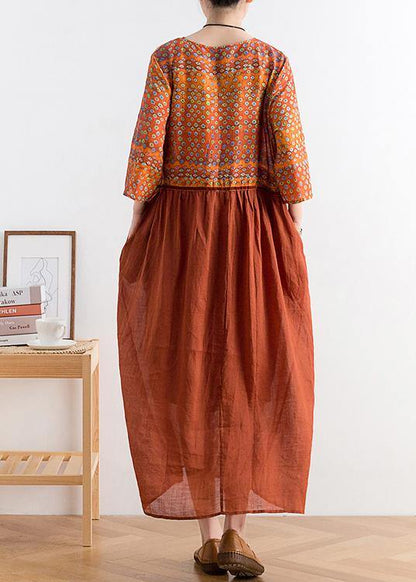 Organic V Neck Tie Waist Linen Outfit Fabrics Chocolate Print Dresses