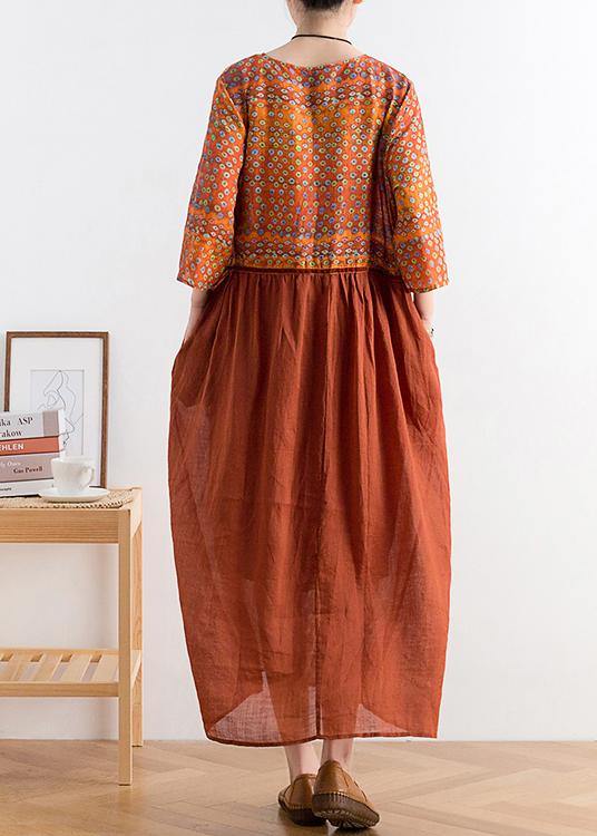 Organic V Neck Tie Waist Linen Outfit Fabrics Chocolate Print Dresses