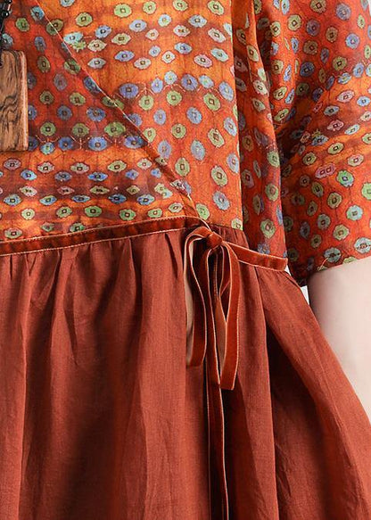 Organic V Neck Tie Waist Linen Outfit Fabrics Chocolate Print Dresses