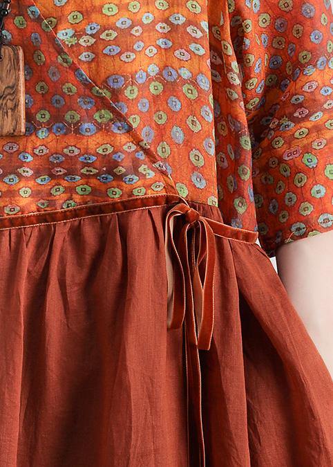 Organic V Neck Tie Waist Linen Outfit Fabrics Chocolate Print Dresses