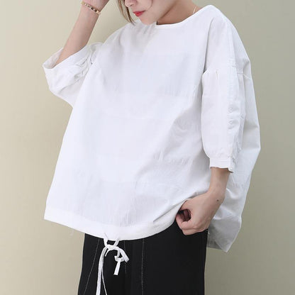 Organic White Cotton Clothes for O Neck Drawstring Cotton Summer Shirts