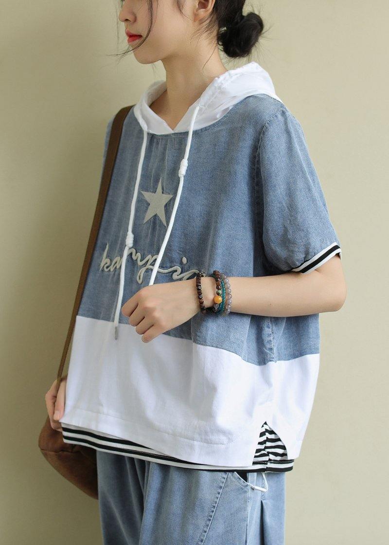 Organic White Cotton Tunic Top Hooded Patchwork Silhouette Blouses