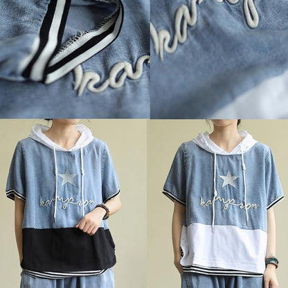 Organic White Cotton Tunic Top Hooded Patchwork Silhouette Blouses