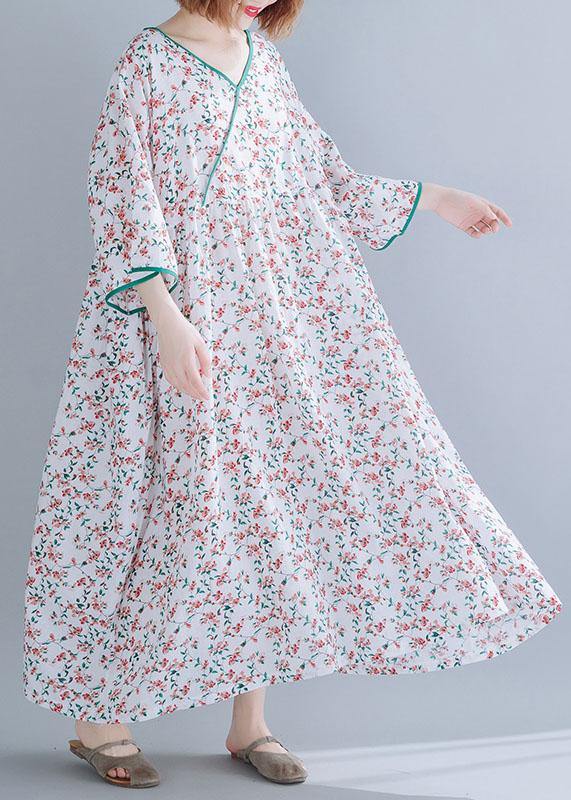 Organic White Print Cotton Dress V Neck Extra Large Hem a Line Summer Dress