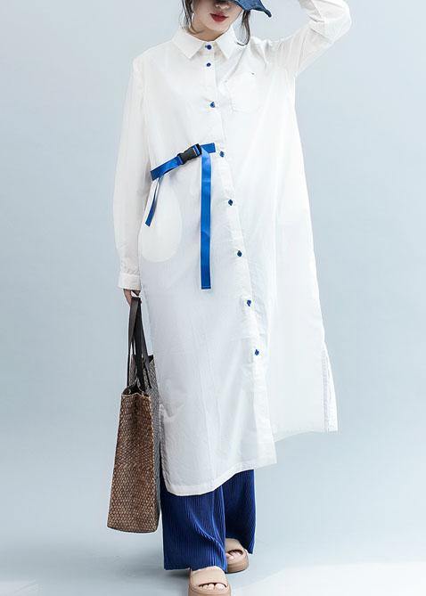 Organic White Tie Waist Cotton Tunics Side Open Dresses Fall Shirt Dress