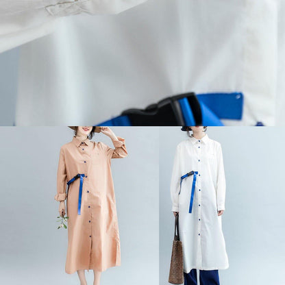 Organic White Tie Waist Cotton Tunics Side Open Dresses Fall Shirt Dress