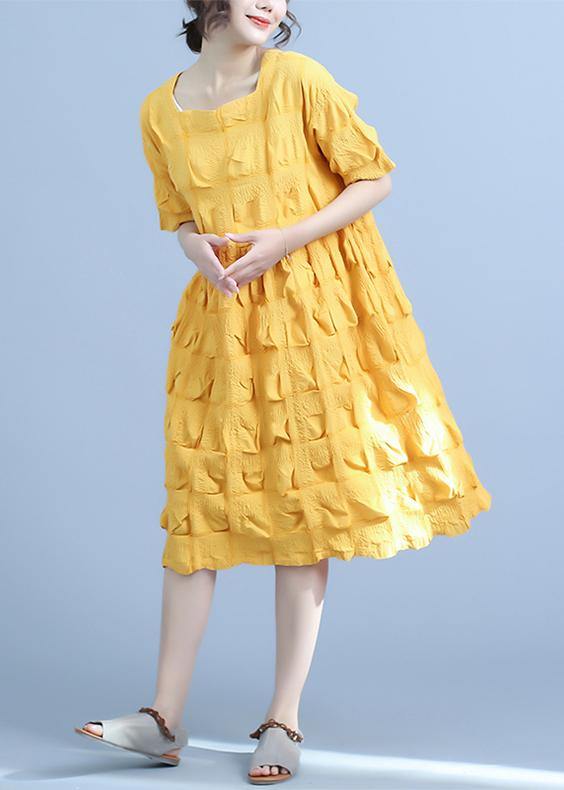 Organic Yellow Pleated Cotton Clothes Loose Short Sleeve Summer Dress