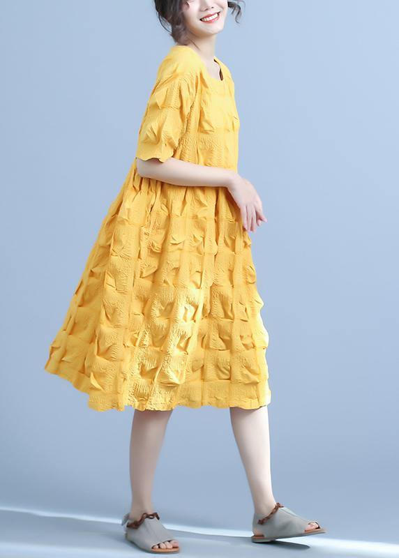 Organic Yellow Pleated Cotton Clothes Loose Short Sleeve Summer Dress