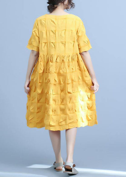 Organic Yellow Pleated Cotton Clothes Loose Short Sleeve Summer Dress
