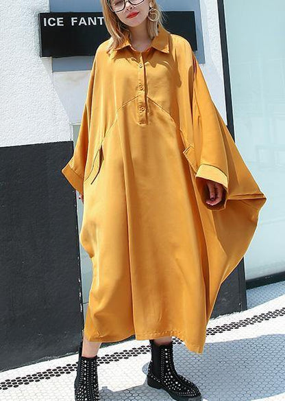 Organic Yellow Cotton Dresses Batwing Sleeve Cotton Robes Summer Dress