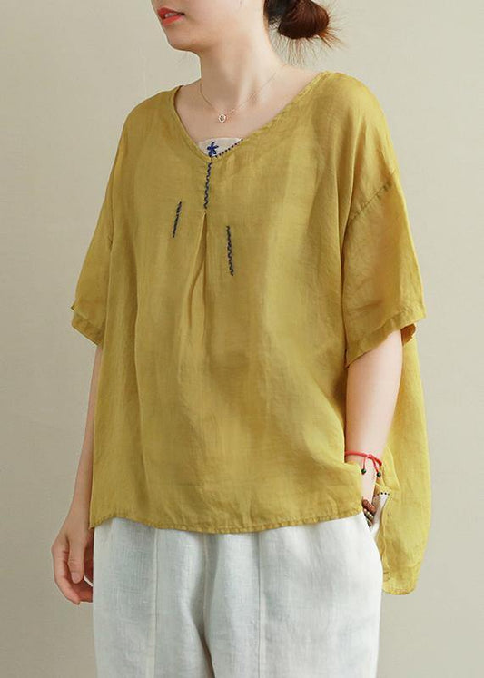 Organic Yellow Embroidery Linen Tops V Neck Tops