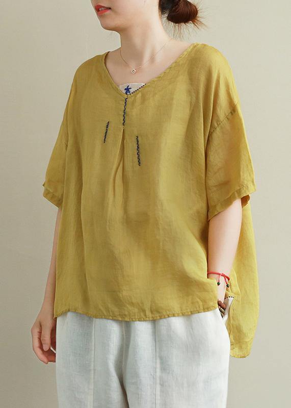Organic Yellow Embroidery Linen Tops V Neck Tops